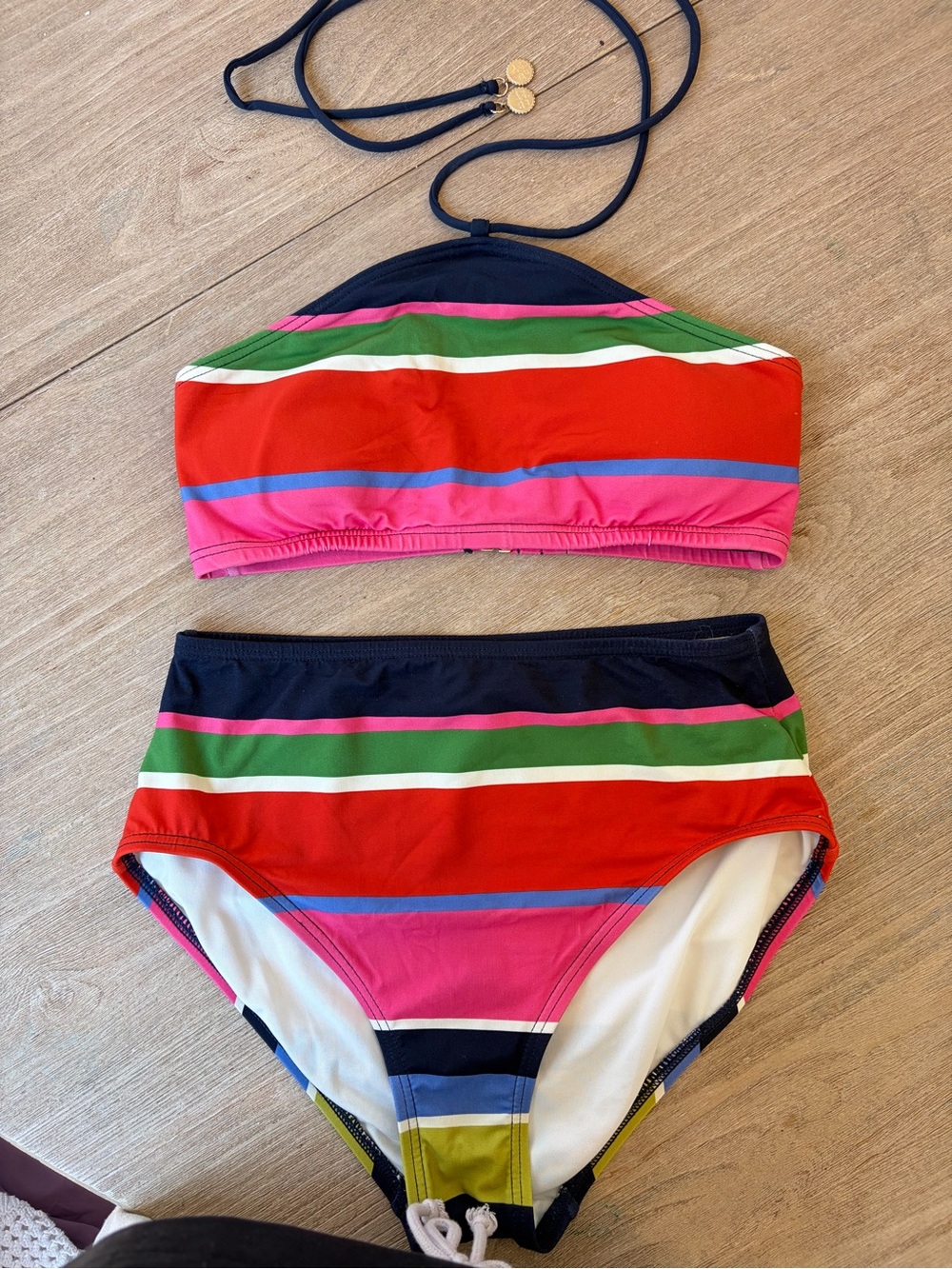 kate spade Striped Bandeau Bikini Top in Pink, Navy, Green & Red